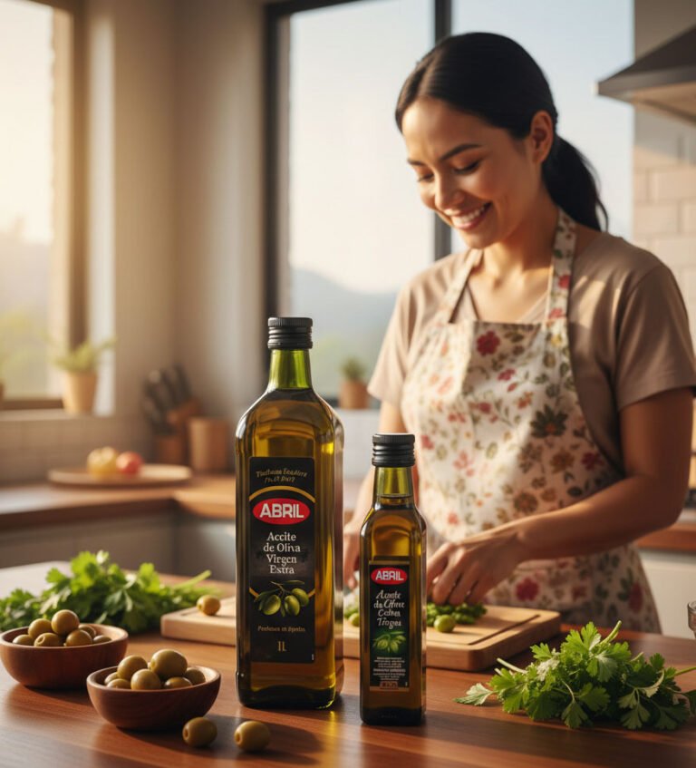 madre ecuatoriana cocinando con aceite de oliva virgen extra saludable